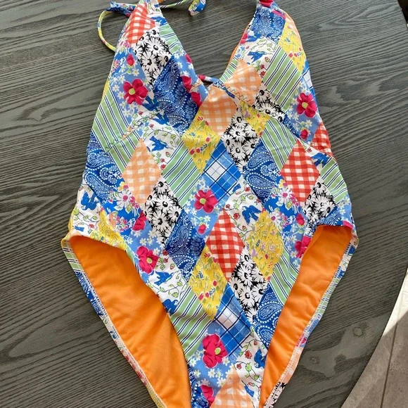 Polo Ralph Lauren Patchwork Plunge Neck One Piece Swimsuit - Picture 3 of 13